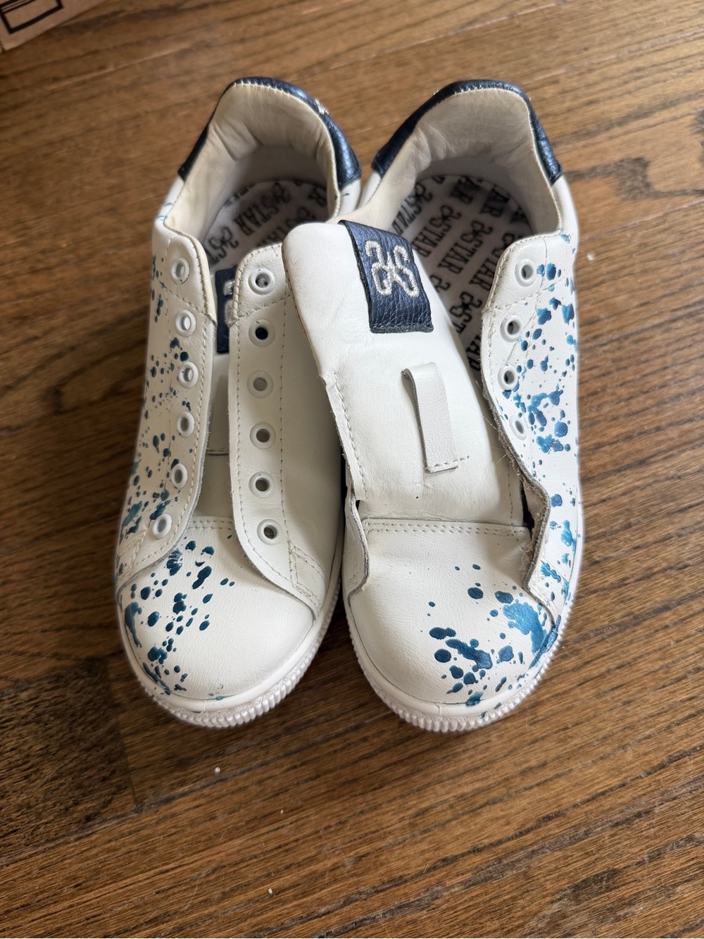 Kids White Sneakers with Blue Paint Splatter - Casual Slip-On
